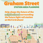 Graham Street Station Area Planning – help shape the future of the neighborhood surrounding the future light rail station at MLK and Graham! Below the text are illustrations of people walking, taking transportation, playing, driving and biking. Below the illustrations is a planning boundary map of the neighborhoods surrounding the proposed light rail station.