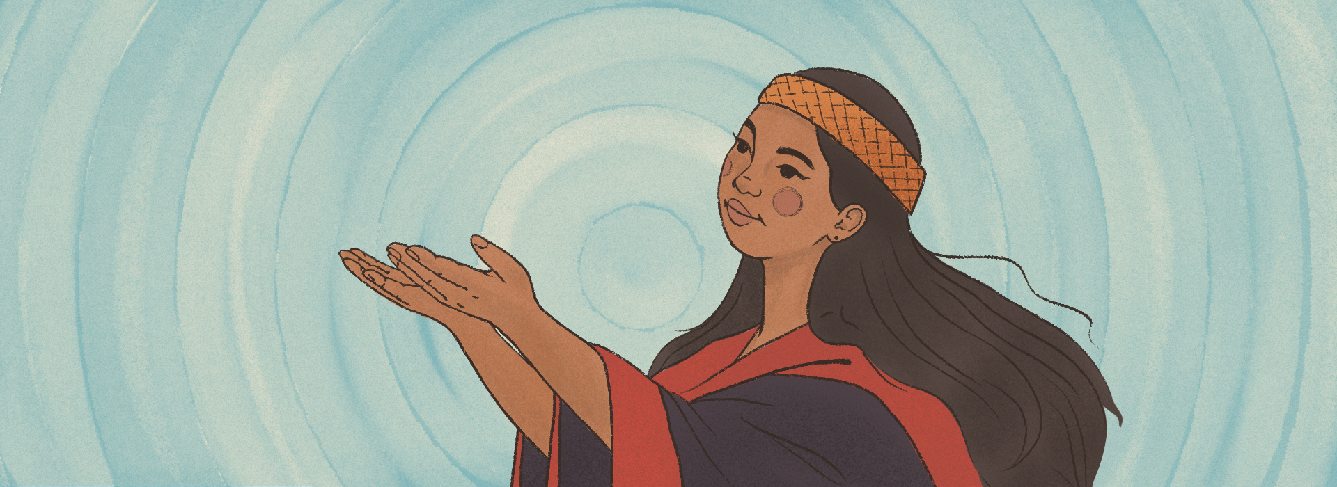 Illustration of an Indigenous native person holding out their hands. The person is wearing a woven band on their head. The background is decorative circles.